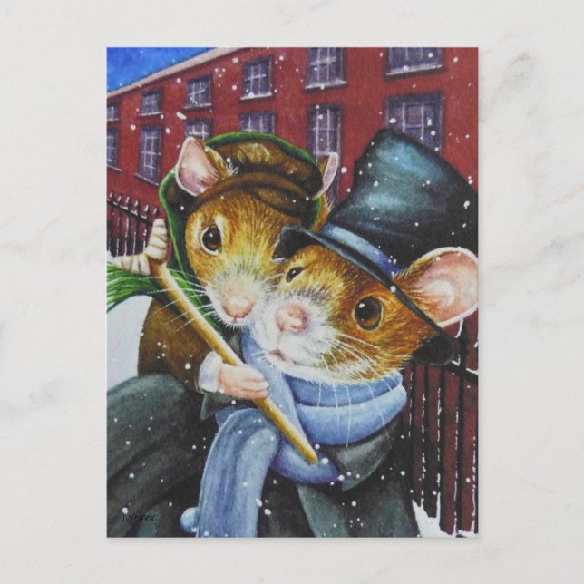 Postal Navidades de Dickens Carol Mice Watercolor Art (Anverso)