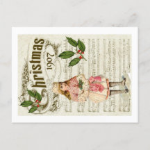 Navidades de Ephemera 1907 Carol Script Holly Berr