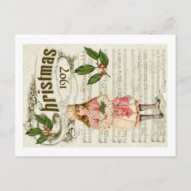 Postal Navidades de Ephemera 1907 Carol Script Holly Berr (Anverso)