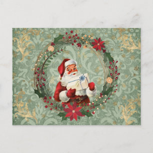 Postal Navidades de estilo vintage Santa y Wreath