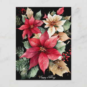 Postal Navidades de flores blancas rojas Poinsettia Holly
