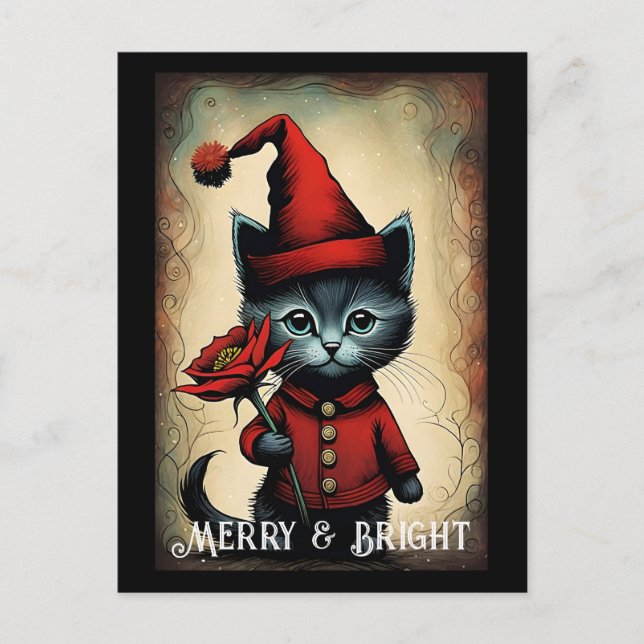 Postal Navidades de Flores de Santa Black Cute Kitty (Anverso)