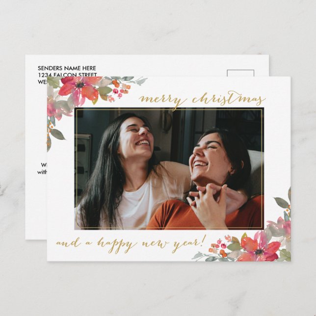 Postal Navidades de fotografía acuarela floral (Anverso / Reverso)