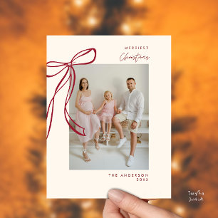 Postal Navidades de fotografía de la familia Burgundy Bow