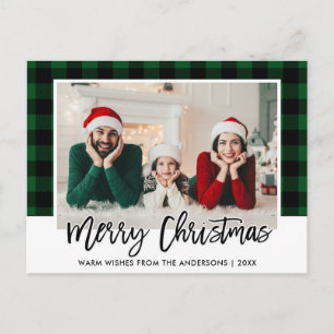 Postal Navidades de fotografía de la familia Green Plaid 