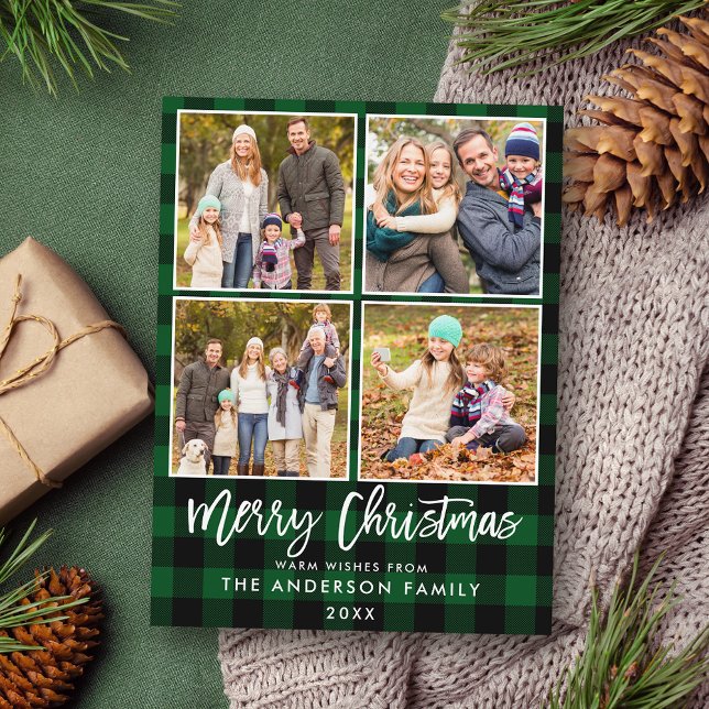 Postal Navidades de fotografía de la familia Green Plaid  (Customize to change your personalized text size or text style.)