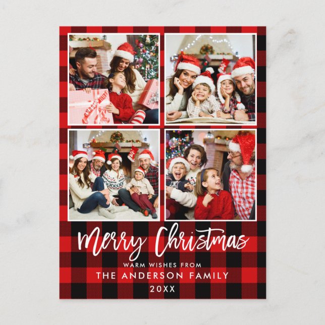 Postal Navidades de fotografía de la familia Red Plaid co (Anverso)