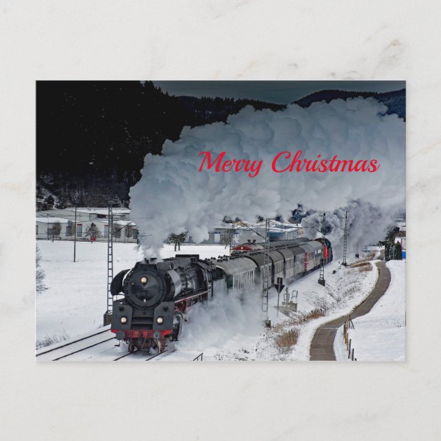 Postal Navidades de fotografía de nieve de la locomotora  (Anverso)