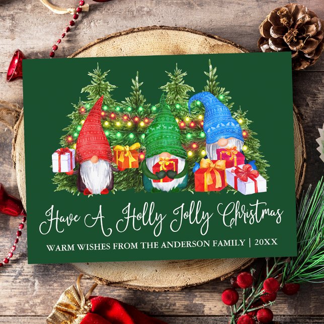 Postal Navidades de Fun Calligraphy Holly Jolly Gnomes Gr (Customize to change your personalized text size or text style.)
