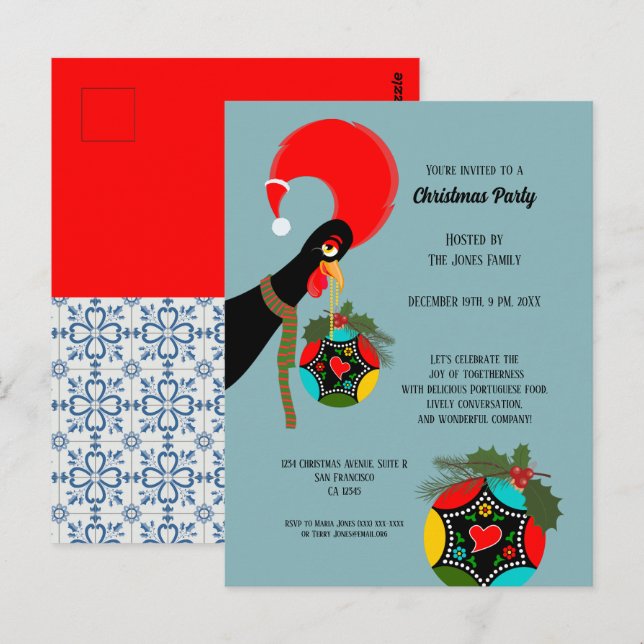 Postal Navidades de gallos de Portugal Bauble Fiesta (Anverso / Reverso)