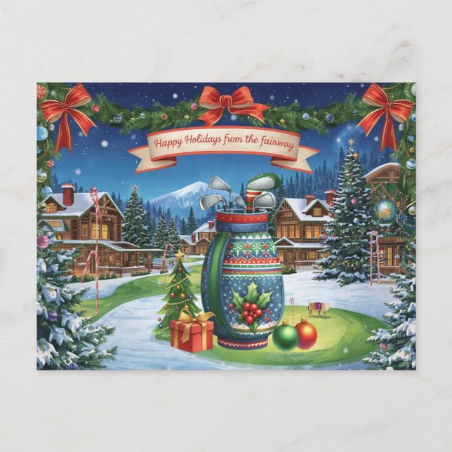 Postal Navidades de golf con bolso de golf en verde (Anverso)