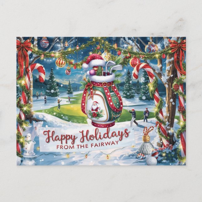 Postal Navidades de golf con bolso de golf en verde (Anverso)