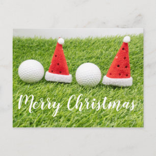 Postal Navidades de golf con sombrero Santa sobre hierba