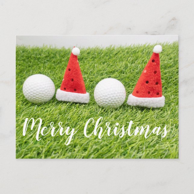 Postal Navidades de golf con sombrero Santa sobre hierba  (Anverso)