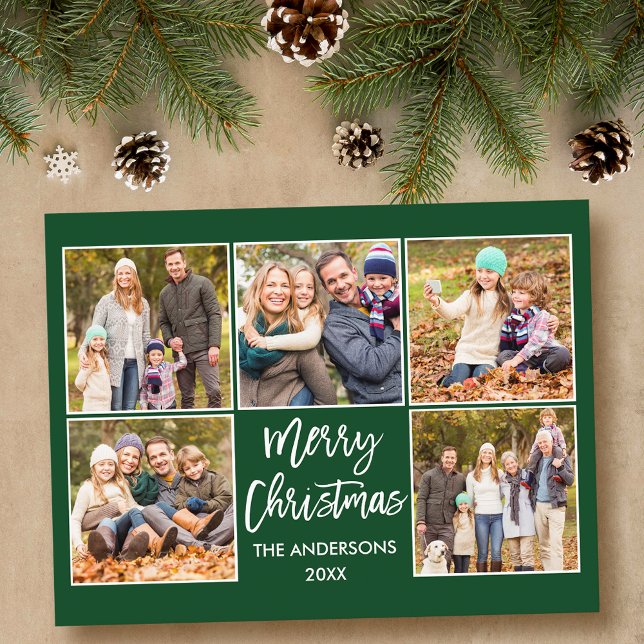 Postal Navidades de guiones de pincel Familia 5 Foto Verd (Customize to change your personalized text size or text style.)