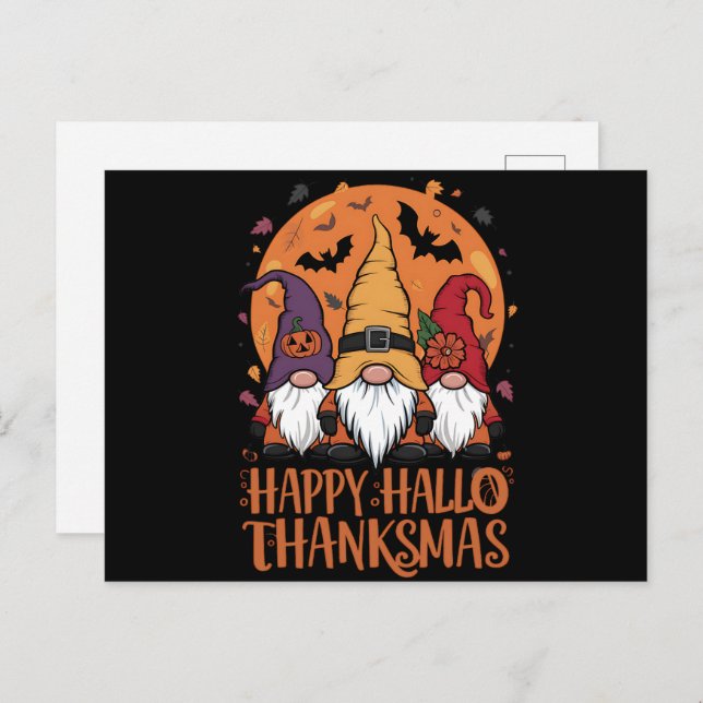 Postal Navidades de Halloween Feliz HalloGraciasMas Gnome (Anverso / Reverso)