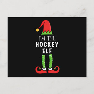 Postal Navidades de hockey Elf con regalo familiar