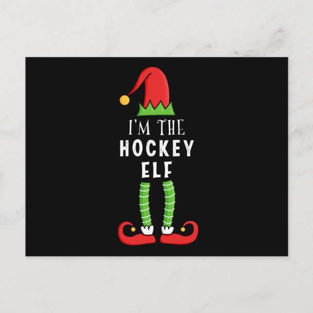 Postal Navidades de hockey Elf con regalo familiar (Anverso)