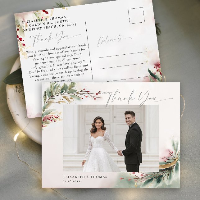 Postal Navidades de invierno Boda romántico foto gracias (winter christmas wedding bridal shower thank you postcard greenery botanical berries red green gold )