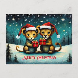 Postal Navidades de invierno nevados cute Santa Baby Lion
