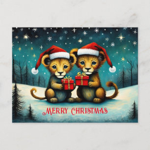 Postal Navidades de invierno nevados cute Santa Baby Lion