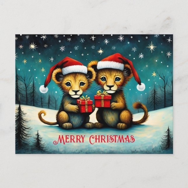 Postal Navidades de invierno nevados cute Santa Baby Lion (Anverso)