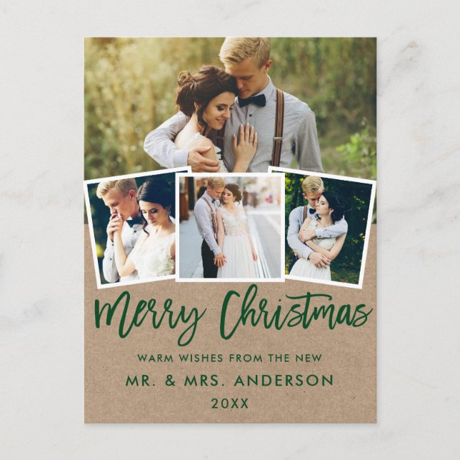 Postal Navidades de Kraft Brush Script Boda 4 Foto (Anverso)