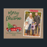 Postal Navidades de Kraft de Cinta Roja con guión de cepi<br><div class="desc">Camión Rojo Vintage con color de agua de pincel moderno con tarjeta postal de foto de la familia navideña del árbol de navidad - Papel de Kraft rústico,  cinta de nata roja de copo de nieve</div>
