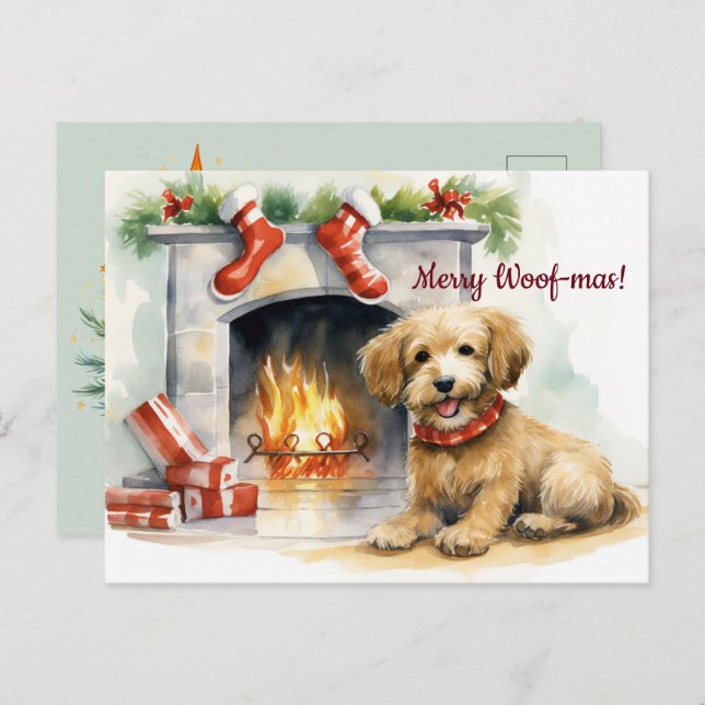 Postal Navidades de la chimenea de perro de Merry Woof-ma (Anverso / Reverso)