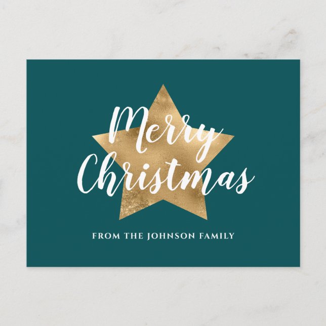 Postal Navidades de la estrella del oro verde moderno (Anverso)