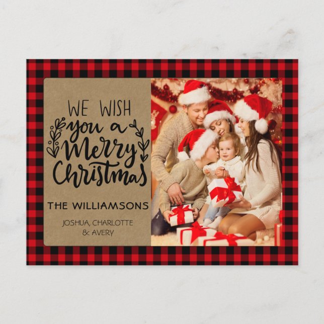 Postal Navidades de la familia Rustic Búfalo Plaid Kraft  (Anverso)