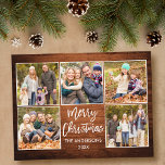 Postal Navidades de madera con guión de pincel Familia 5<br><div class="desc">Guión de pincel moderno Feliz Navidad Familia 4 Postal de fotos - Impresión rústica de madera de campo</div>