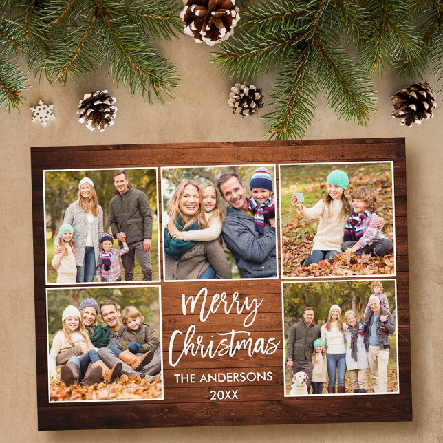 Postal Navidades de madera con guión de pincel Familia 5  (Customize to change your personalized text size or text style.)