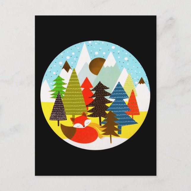 Postal Navidades de oro Bosque Fox Pine para el invierno (Anverso)