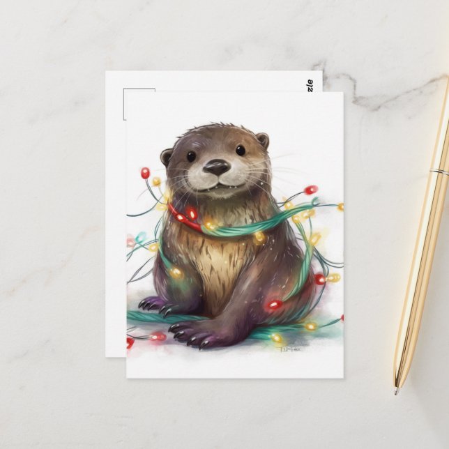 Postal Navidades de Otter Adorables Luces Arte AI (Anverso/Reverso In Situ)