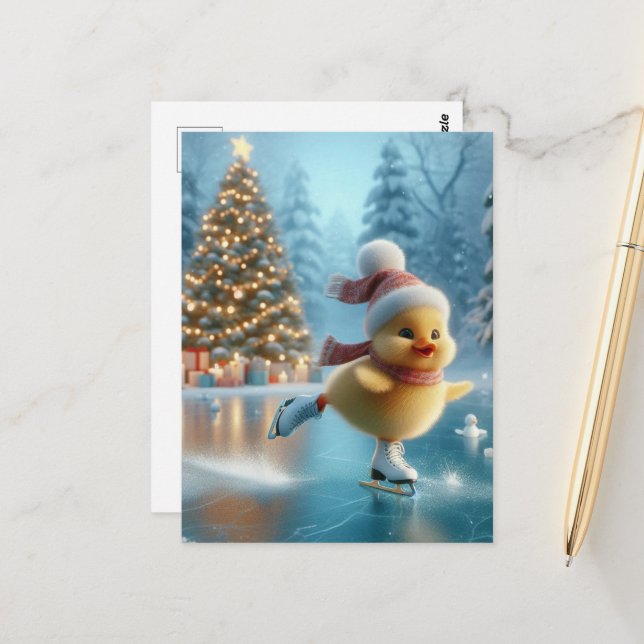 Postal Navidades de patinaje sobre hielo Duckling (Anverso/Reverso In Situ)