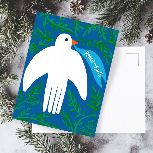 Postal Navidades de Peace on Earth Dove Navidad Azul (Peace on Earth Dove Christmas Xmas Holiday Hand Drawn Botanical Blue Postcard
)