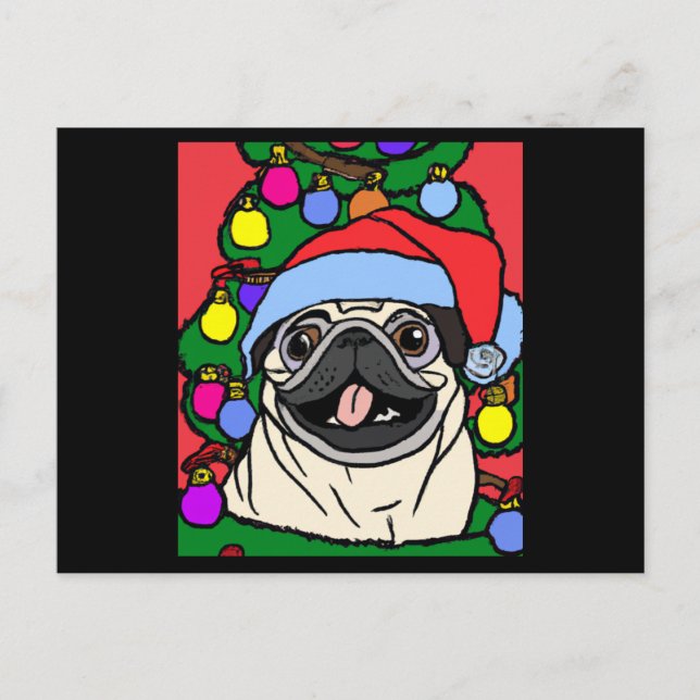 Postal Navidades De Pug Tiran Con Navidades Gorra Y (Anverso)