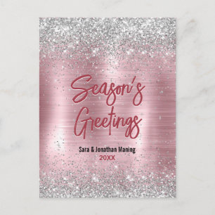 Postal Navidades de purpurinas plateados de rosa lindo añ