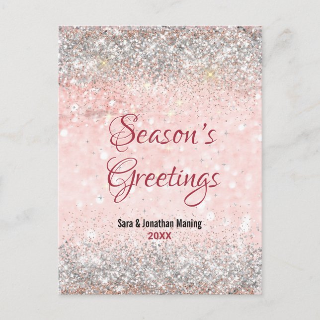 Postal Navidades de purpurinas plateados rosados ruidosos (Anverso)