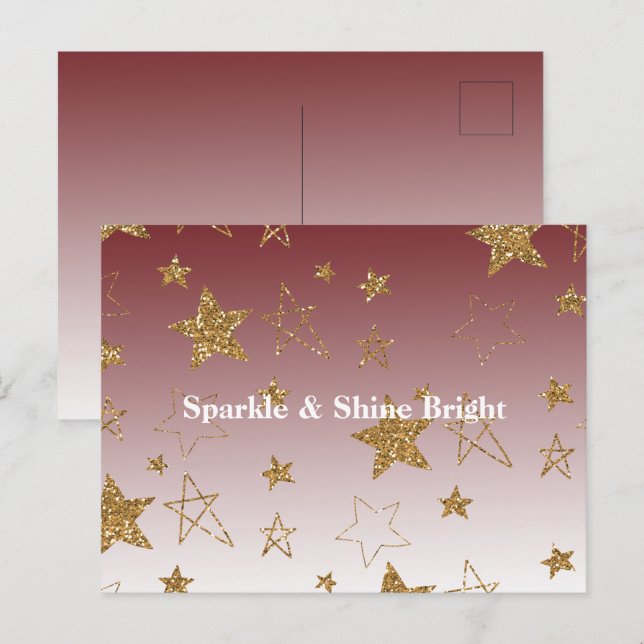 Postal Navidades de Red Gold Purpurina Stars (Anverso / Reverso)