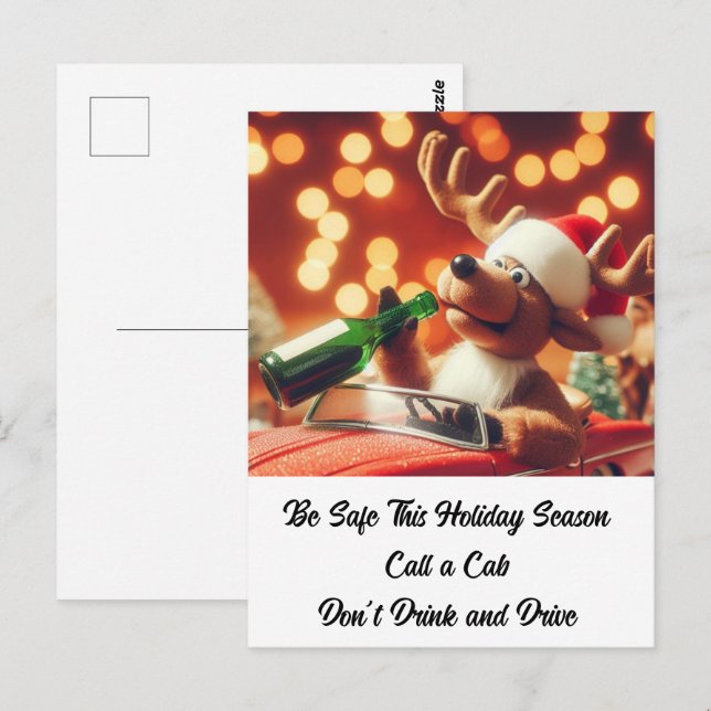 Postal Navidades de renos ebrios no beben ni conducen (Anverso / Reverso)
