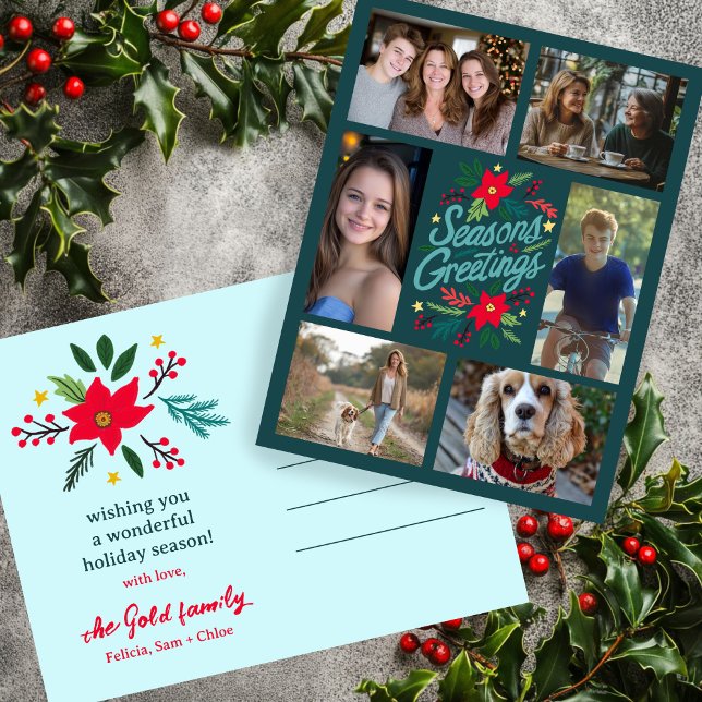 POSTAL NAVIDADES DE REUNIONES DE TEMPORADA PERSONALIZADO  (SEASONS GREETINGS Hand-drawn Christmas CUSTOM 6 PHOTO Family Collage Holiday Postcard
)