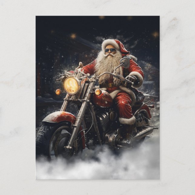 Postal Navidades de Santa Claus en motocicleta (Anverso)