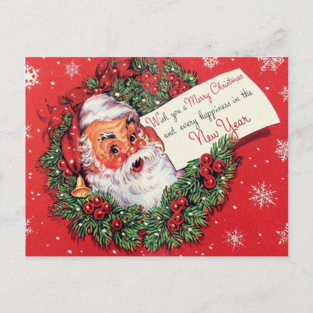 Postal Navidades de Santa Claus Postcard Wreath retro (Anverso)