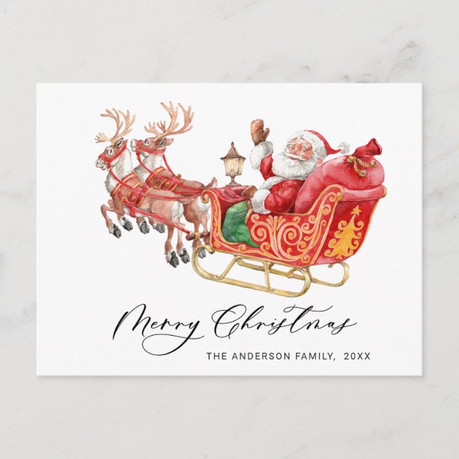 Postal Navidades de Santa Claus Sleigh saludan feriado (Anverso)