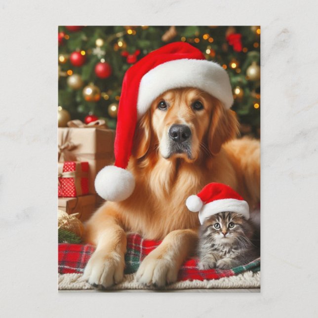Postal Navidades de Santa Mascotas Golden Retriever y Kit (Anverso)