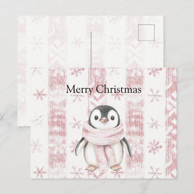 Postal Navidades de Snowflakes con pinguino rosa (Anverso / Reverso)
