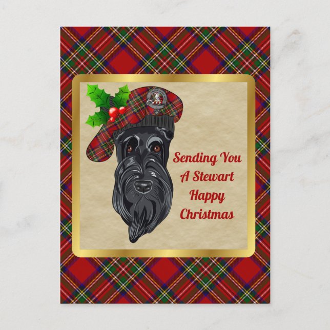 Postal Navidades de Stewart Clan Badge y Tartan (Anverso)