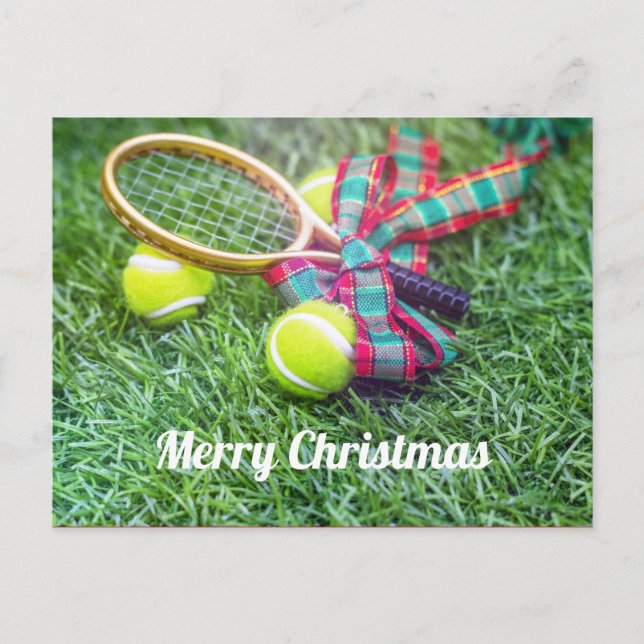 Postal Navidades de tenis de vacaciones con raqueta y pel (Anverso)
